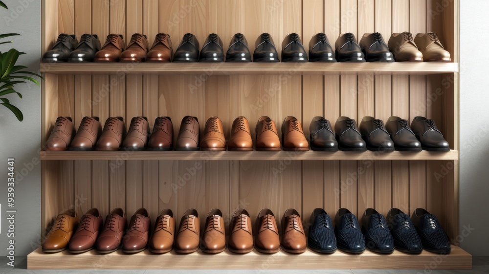 A set of formal shoes polished and lined up neatly on a display shelf in a minimalist room A set of formal shoes polished and lined up neatly on a display shelf in a minimalist room
