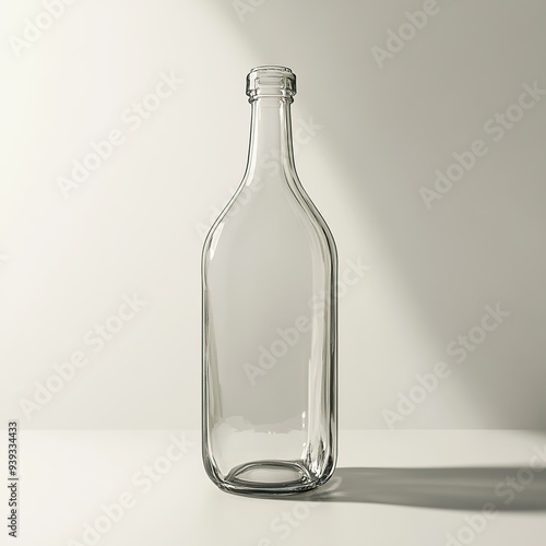 Empty glass bottle with a clear body and a closed cap on a white background. photo