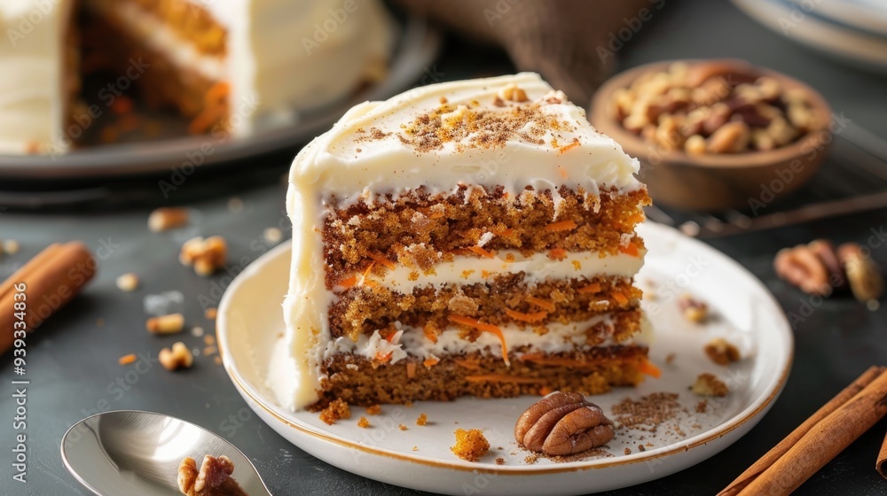 A slice of carrot cake with creamy frosting, topped with walnuts and a sprinkle of cinnamon A slice of carrot cake with creamy frosting, topped with walnuts and a sprinkle of cinnamon