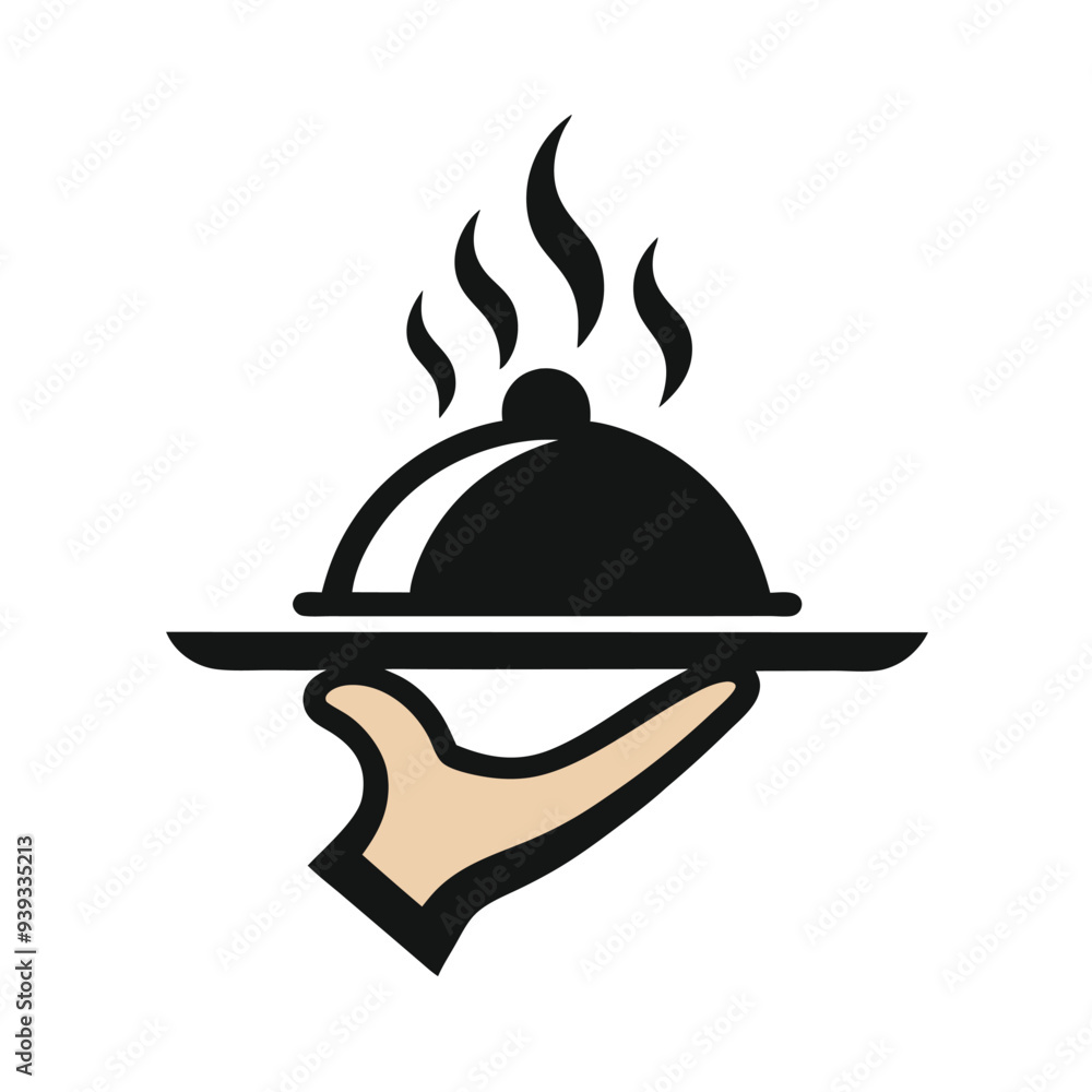 Simple vector logo of a hand holding an open platter with food, featuring smoke rising above, set against a white background Simple vector logo of a hand holding an open platter with food, featuring smoke rising above, set against a white background