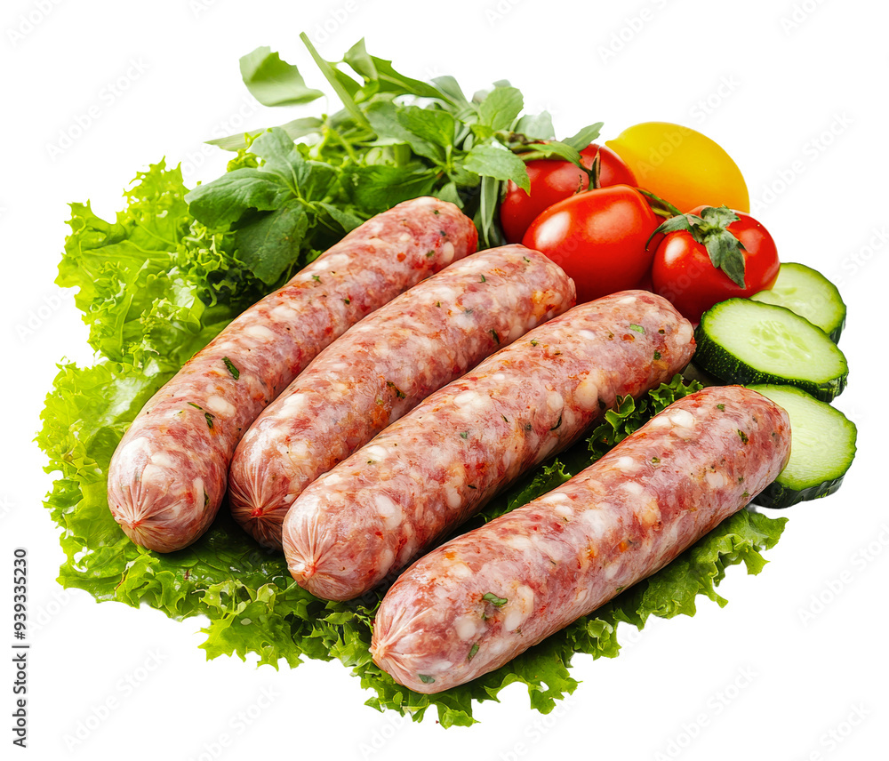 PNG Fresh sausages with vegetables on a bed of lettuce PNG Fresh sausages with vegetables on a bed of lettuce