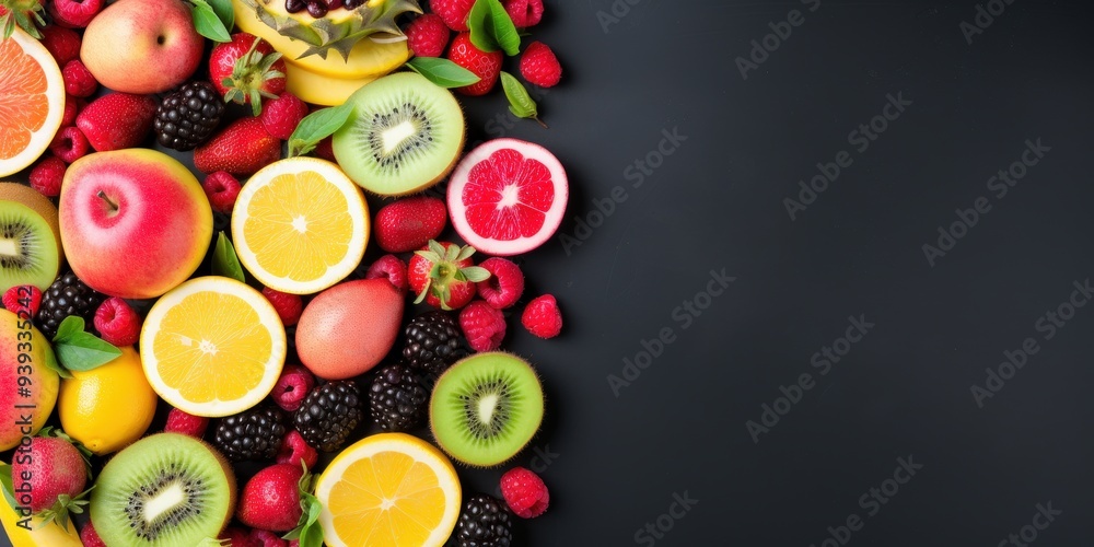 Colorful Fruits and Berries on Black Background Colorful Fruits and Berries on Black Background