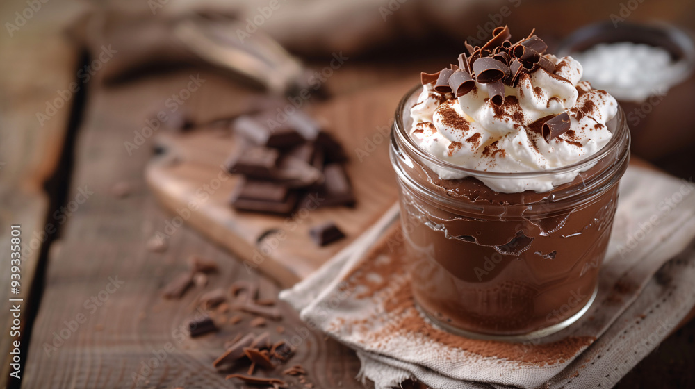 a rich chocolate mousse, served in a glass jar with a layer of whipped cream and a sprinkle of chocolate curls, set on a wooden table with a linen napkin a rich chocolate mousse, served in a glass jar with a layer of whipped cream and a sprinkle of chocolate curls, set on a wooden table with a linen napkin