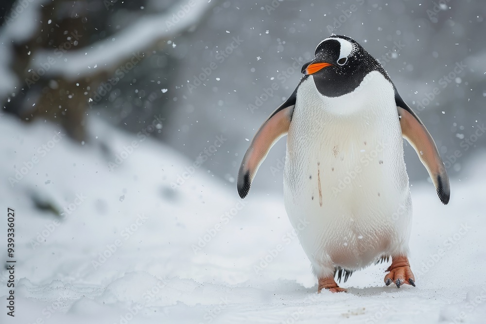 Fototapeta premium Penguin walking in the snow with white feathers and an orange beak, real photo style.