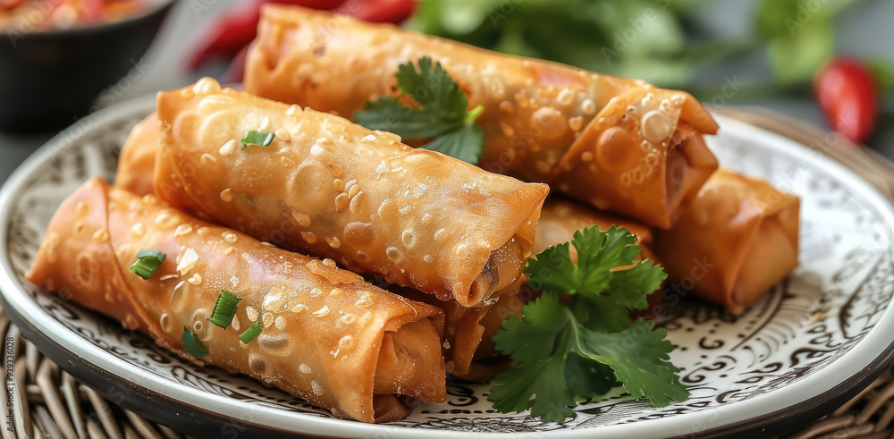 Delicious fried Chinese spring rolls presented on an intricately designed ceramic plate. Generative AI. Delicious fried Chinese spring rolls presented on an intricately designed ceramic plate. Generative AI.