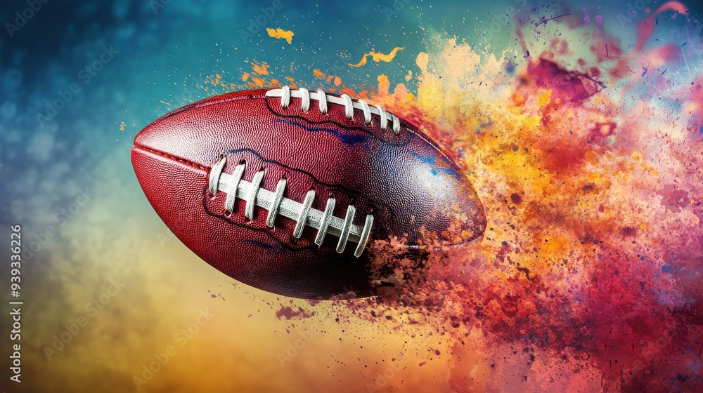A close-up of a brown leather football flying through the air with a colorful paint splatter behind it. A close-up of a brown leather football flying through the air with a colorful paint splatter behind it.