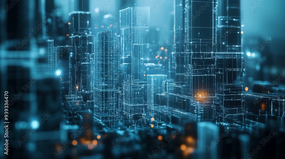 Futuristic cityscape with glowing holographic buildings and a digital grid, representing technology and innovation in urban environments. Futuristic cityscape with glowing holographic buildings and a digital grid, representing technology and innovation in urban environments.