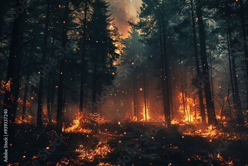 Forest fire engulfing trees with intense flames and smoke in a dark, 