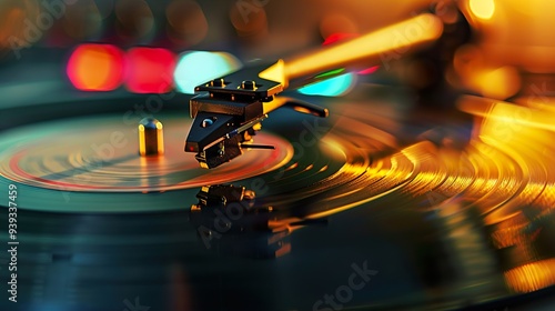 Vinyl Record Player Close-Up: Spinning Music in Golden Light