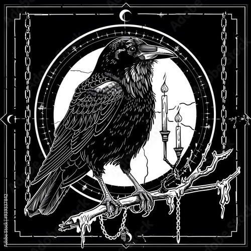 Crow Bird chain and candles black and white illustration photo