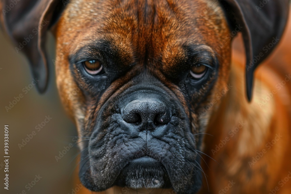 Brown and black boxer dog with an intense stare Brown and black boxer dog with an intense stare