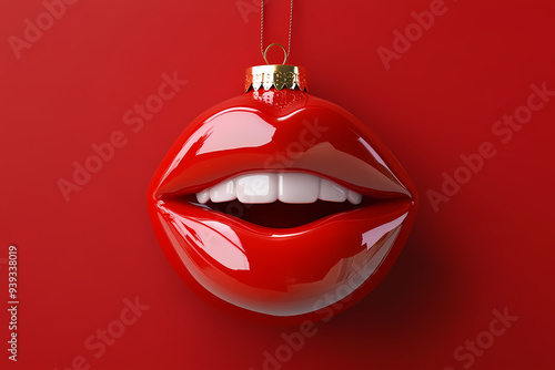3D Christmas Tree Ornament in the Shape of Glossy Smiling Red Lips