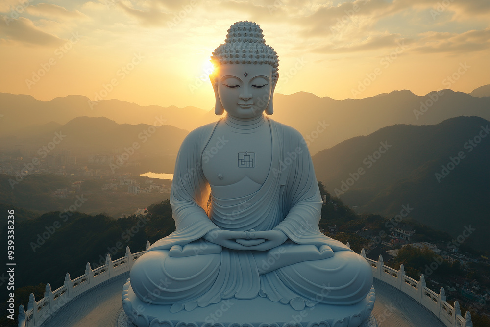 Fototapeta premium Beautiful Buddha statue sitting in meditative posture overlooking a scenic hilltop with setting sun casting warm light, evoking peace, spirituality, and tranquility.