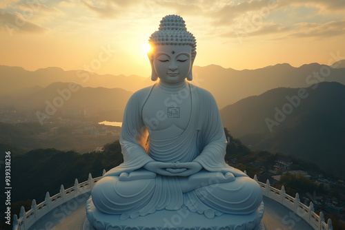 Beautiful Buddha statue sitting in meditative posture overlooking a scenic hilltop with setting sun casting warm light, evoking peace, spirituality, and tranquility. photo