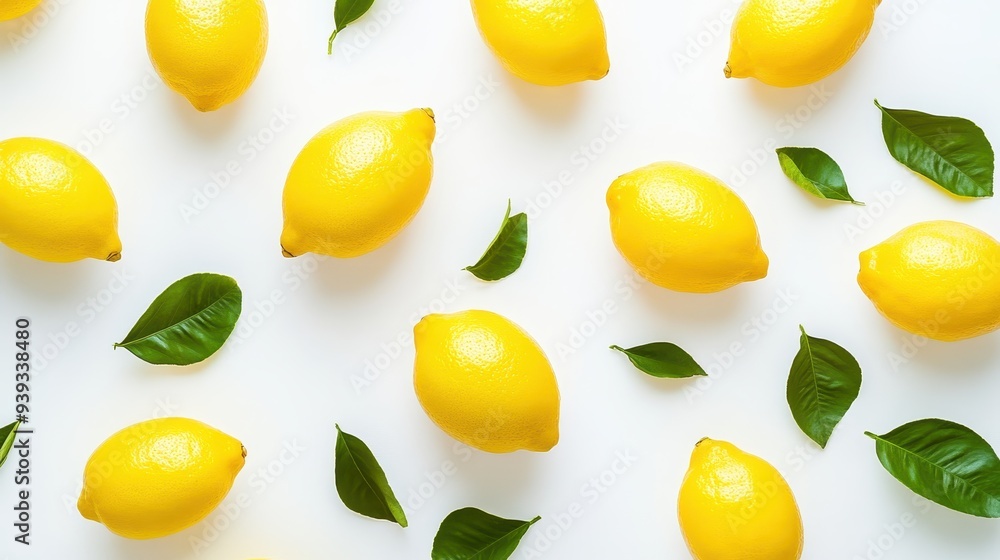 Bright yellow lemons and green leaves arranged on a white background. Bright yellow lemons and green leaves arranged on a white background.