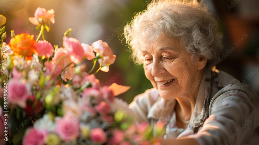 An older woman arranging a bouquet of flowers in a vase, with a gentle smile on her face An older woman arranging a bouquet of flowers in a vase, with a gentle smile on her face