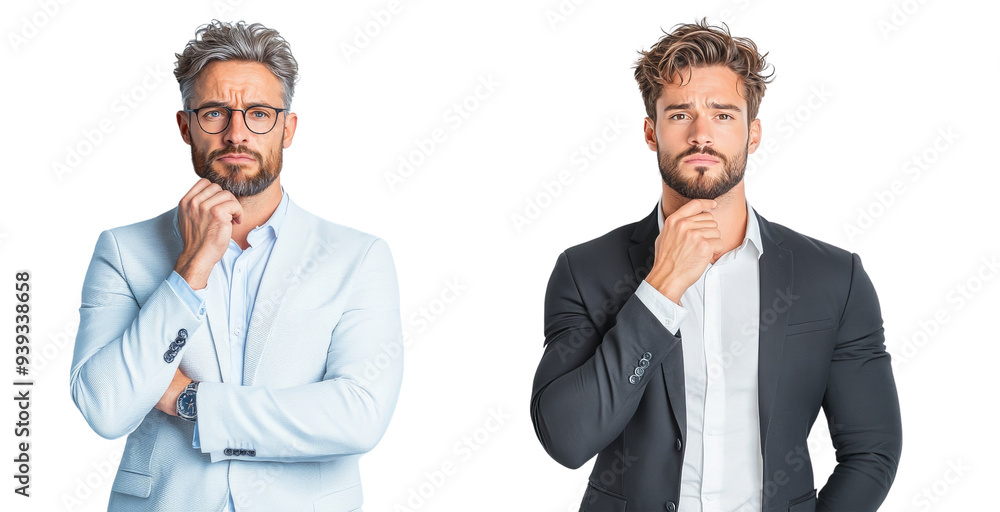 A realistic half-body shot of a businessman in a thinking pose, hand on chin, serious expression isolated on transparency background PNG A realistic half-body shot of a businessman in a thinking pose, hand on chin, serious expression isolated on transparency background PNG