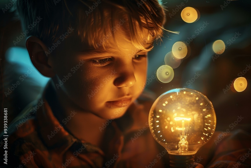 Naklejka premium Young boy is illuminated by a warm lightbulb he is holding, symbolizing imagination and innovation