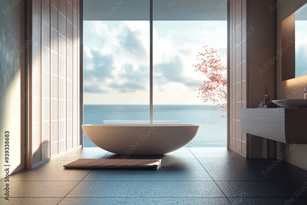 soft focus on a serene japanese bathroom with a sea view, featuring a sleek freestanding tub and a minimalist sink, surrounded by natural textures and muted colors soft focus on a serene japanese bathroom with a sea view, featuring a sleek freestanding tub and a minimalist sink, surrounded by natural textures and muted colors