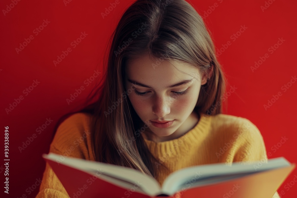 teen girl, isolated on a red background, deeply engaged in reading a digital textbook for her high school education teen girl, isolated on a red background, deeply engaged in reading a digital textbook for her high school education