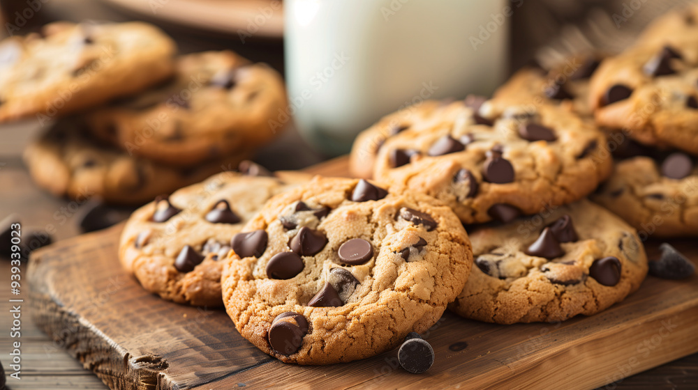 freshly baked vegan chocolate chip cookies, arranged on a rustic wooden board with a glass of almond milk in the background freshly baked vegan chocolate chip cookies, arranged on a rustic wooden board with a glass of almond milk in the background