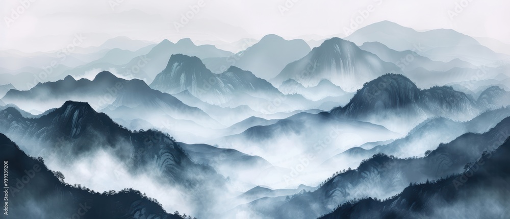 Mountain landscape paintings with mist Mountain landscape paintings with mist