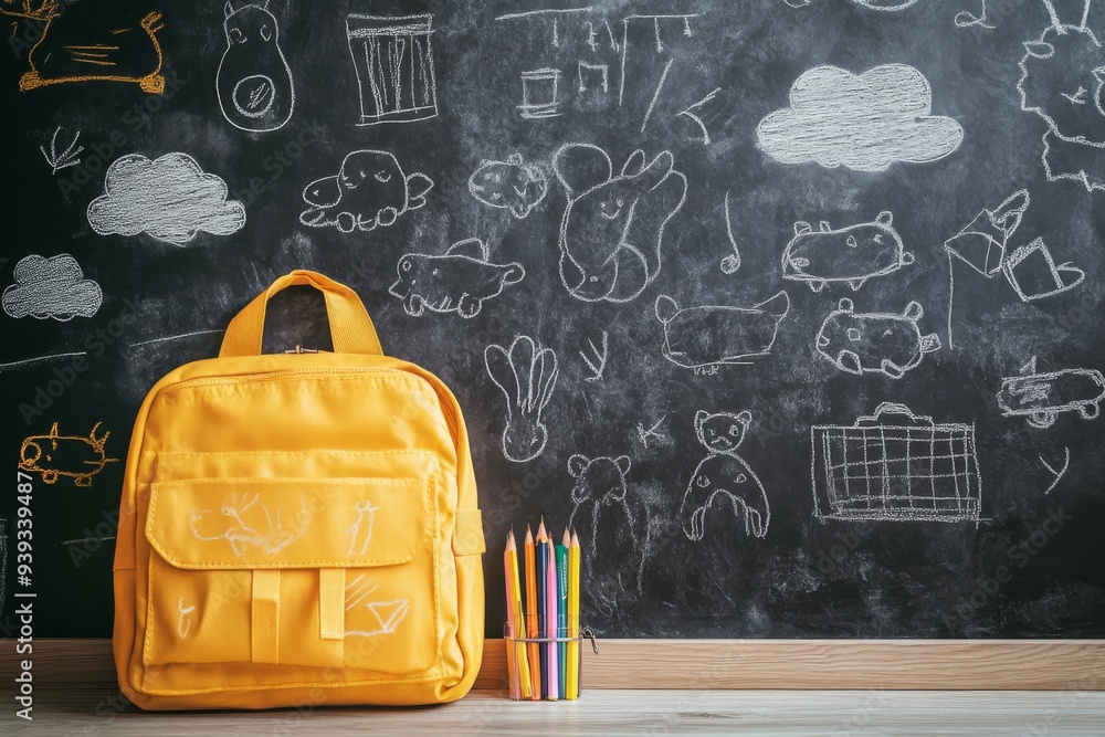 yellow school backpack with a lunchbox and a pencil case, on a black school board with chalk doodles of animals and clouds yellow school backpack with a lunchbox and a pencil case, on a black school board with chalk doodles of animals and clouds