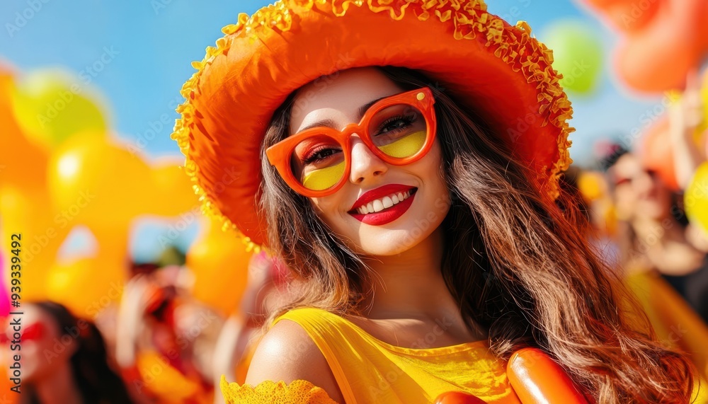 Smiling woman in orange hat and sunglasses at a summer festival Smiling woman in orange hat and sunglasses at a summer festival