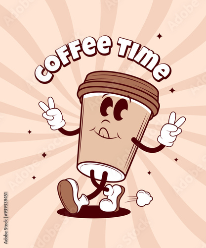 poster with retro groovy character a cup coffee, coffee time card