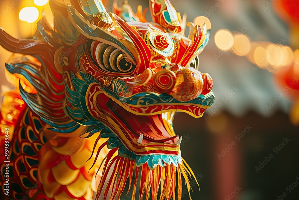Chinese dragon head with colorful red, yellow, and green paper-cut elements Chinese dragon head with colorful red, yellow, and green paper-cut elements