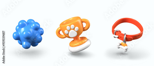 Blue massage ball, gold paw print cup, collar with pendant. Set of realistic models