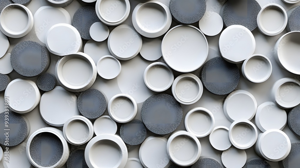 52. Modern geometric abstraction in 3D with a backdrop of circular ceramic tiles 52. Modern geometric abstraction in 3D with a backdrop of circular ceramic tiles