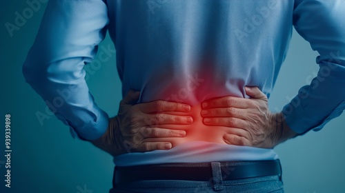 Acute back pain, closeup of a person s lower back with a pained expression, discomfort, health issue photo