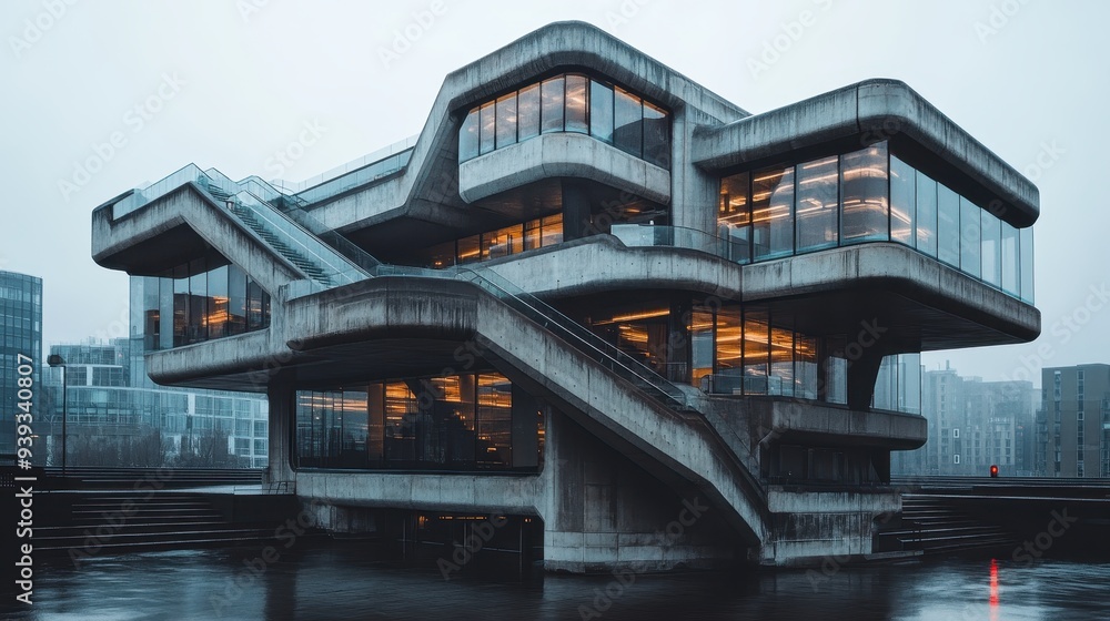 Fototapeta premium Modern Architectural Masterpiece with Futuristic Design and Glass Facade in Urban Setting