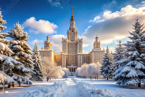 Majestic Moscow State University's main building stands proudly amidst a winter wonderland, surrounded by snow-covered grounds and towering snowdrifts, Moscow, Russia.