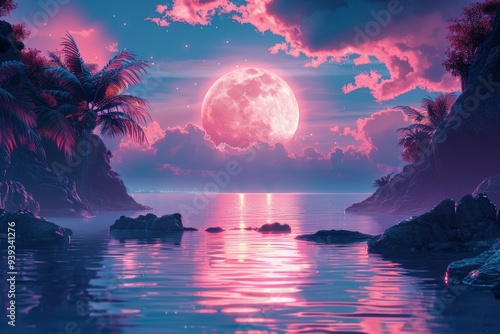 Retro moon landscape abstract background with clouds and water. illustration. Neon light. Illustration