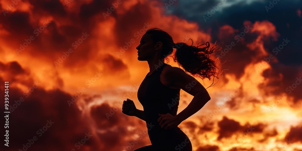 Silhouette of a woman running against a fiery sunset. Silhouette of a woman running against a fiery sunset.