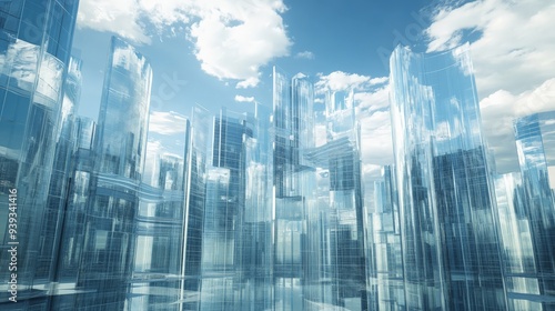 Futuristic glass skyscrapers against a cloudy sky, showcasing modern architecture and urban development.