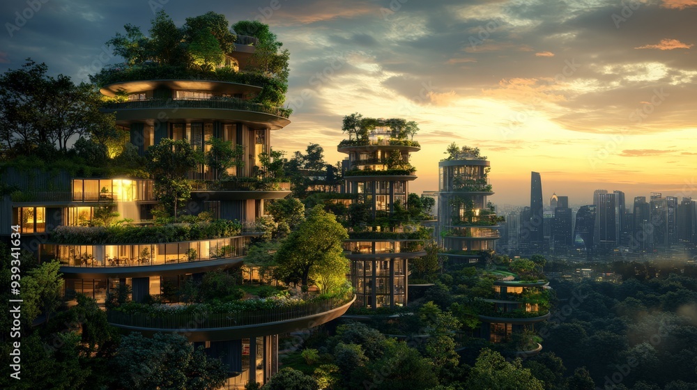 Futuristic green buildings covered with lush vegetation at sunset, blending nature with urban architecture in a modern cityscape. Futuristic green buildings covered with lush vegetation at sunset, blending nature with urban architecture in a modern cityscape.