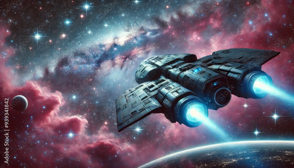 Naklejka premium Spaceship Traveling Through Distant Galaxy