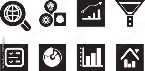 A straightforward vector icon set with a funnel, A/B testing, SEO analysis, and keyword ranking  photo