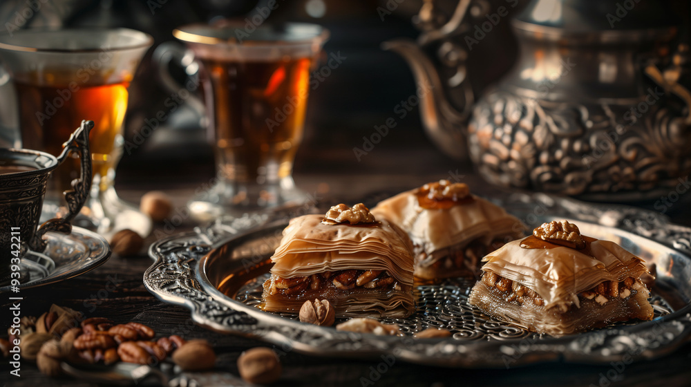Turkish baklava, layers of filo pastry filled with nuts and honey syrup, served on a silver platter with Turkish tea in ornate glassware Turkish baklava, layers of filo pastry filled with nuts and honey syrup, served on a silver platter with Turkish tea in ornate glassware