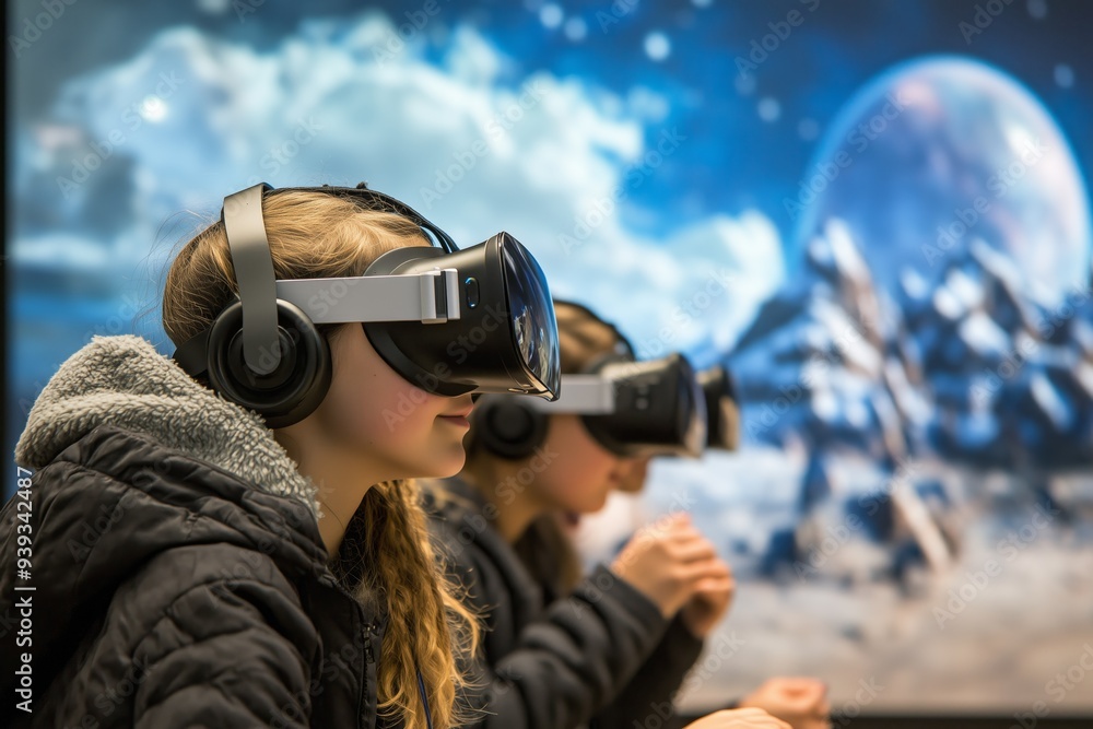 Fototapeta premium Students exploring ancient civilizations or distant planets through virtual reality.