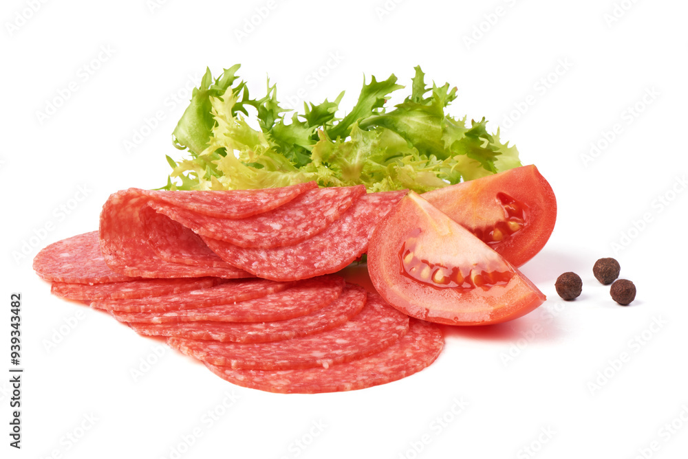 Smoked salami slices with olives, Spanish traditional sausage, isolated on white background. Smoked salami slices with olives, Spanish traditional sausage, isolated on white background.