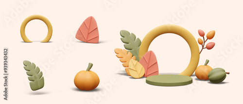 Round autumn scene with thick frame and decorative elements