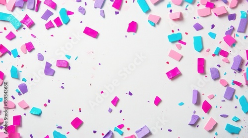 Colorful confetti pieces scattered on a white background, ideal for celebrations or crafts.