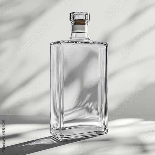 Empty clear glass bottle with cork stopper on white background with shadows.