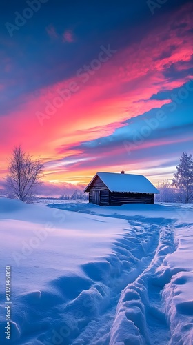 Gorgeous Sky with Aurora, Snowy House, and Colorful Sunset photo