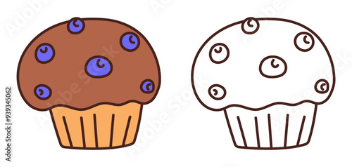 muffin with blueberries coloring page, outline cupcake vector illustration, coloring book for children, kids education, colorful, line art