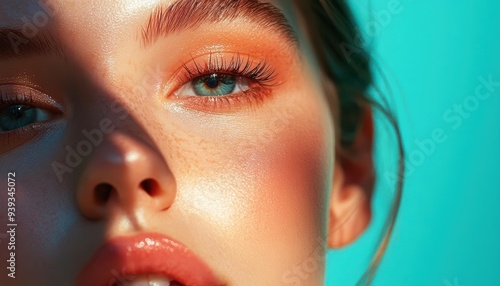 Close-up portrait of a beautiful young woman with freckles and natural makeup.